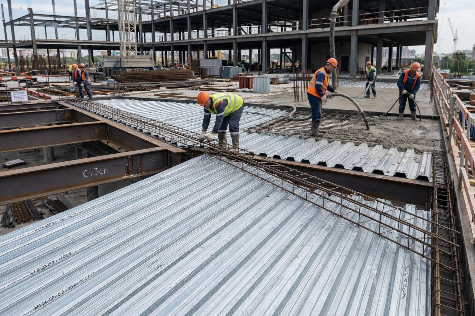Профнастил Н114-600 для монолитного перекрытия на строительном объекте